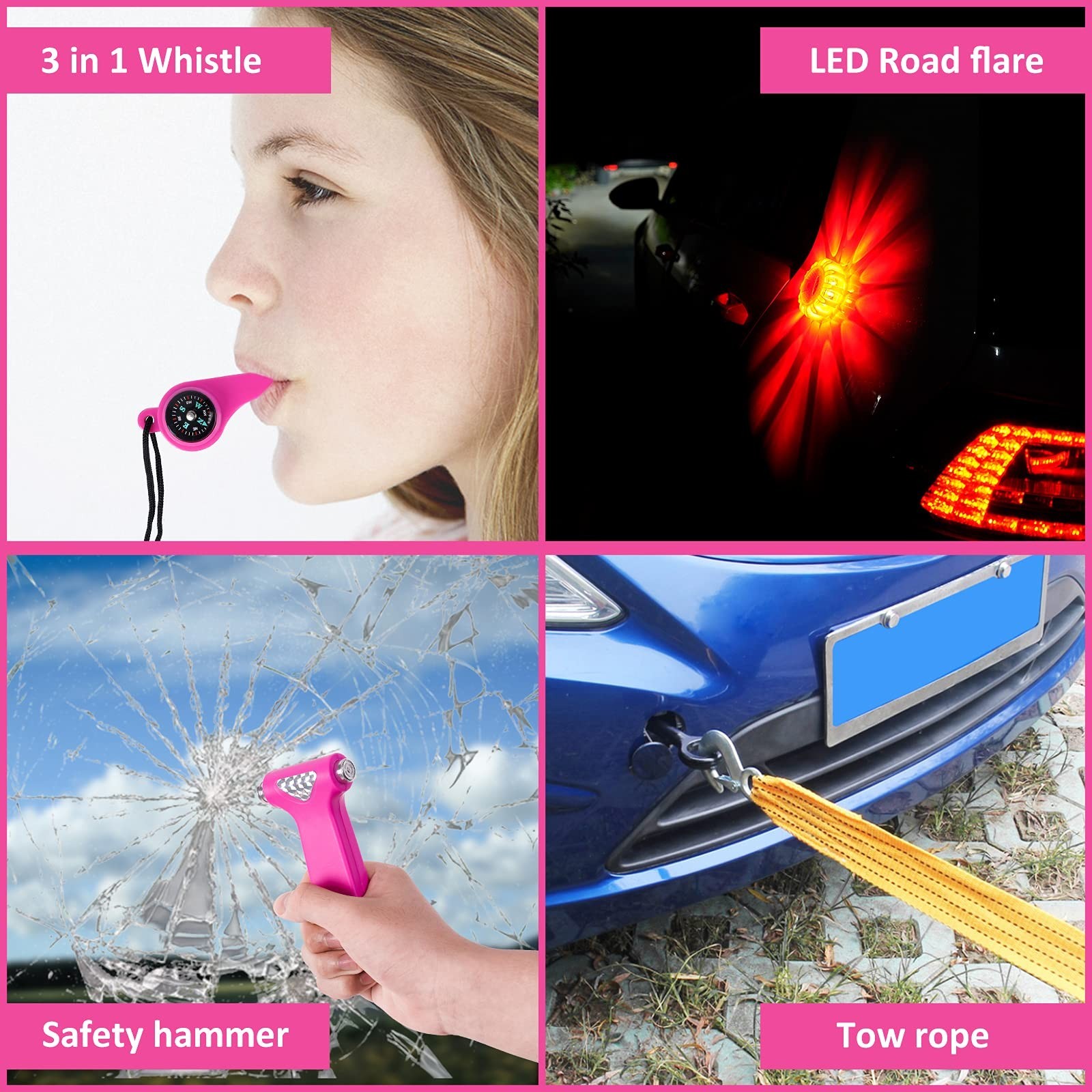 Pink Roadside Assistance Kit with Jumper Cable, Tow Rope, LED Road Flare, Dee...
