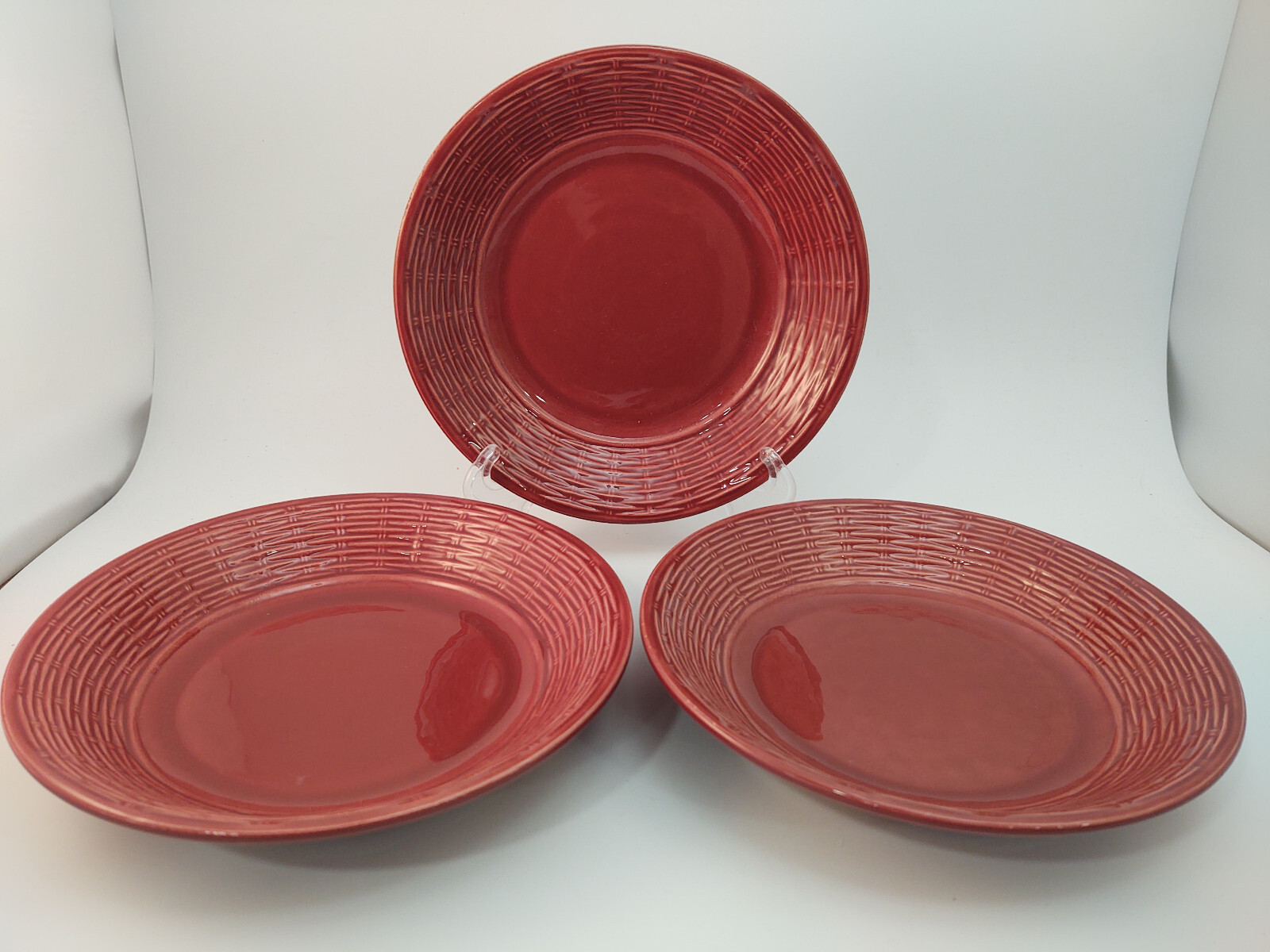 Set of 3 Pier 1 Rattan Weave Burgundy 8 1/4" Coupe Soup Bowls