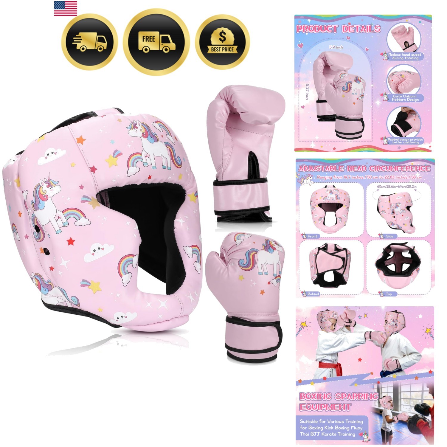 Boxing Headgear and Gloves Set for Kids 6oz Boxing Gloves and Wrestling Headg...