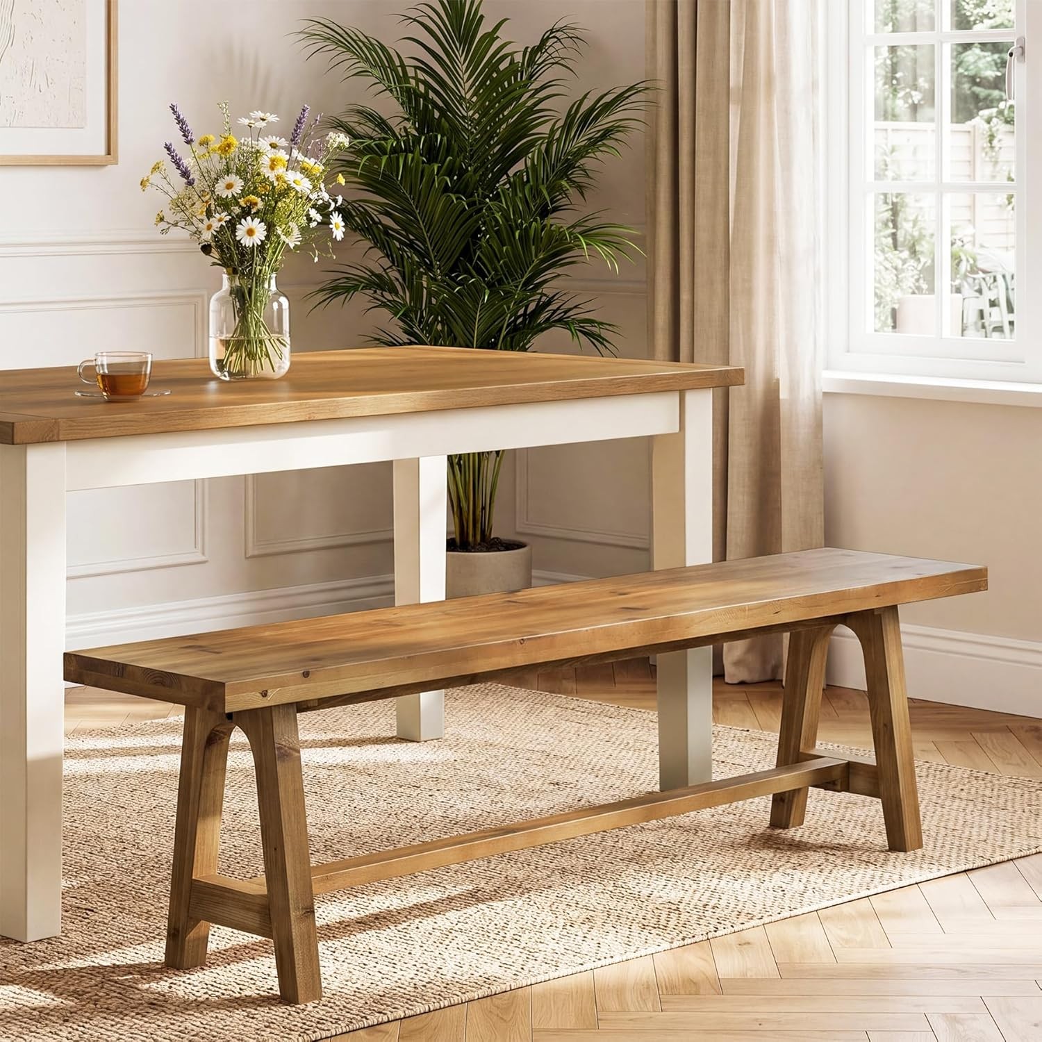 Solid Wood Dining Bench, 63 Inch Long Farmhouse Kitchen Bench for Dining Room