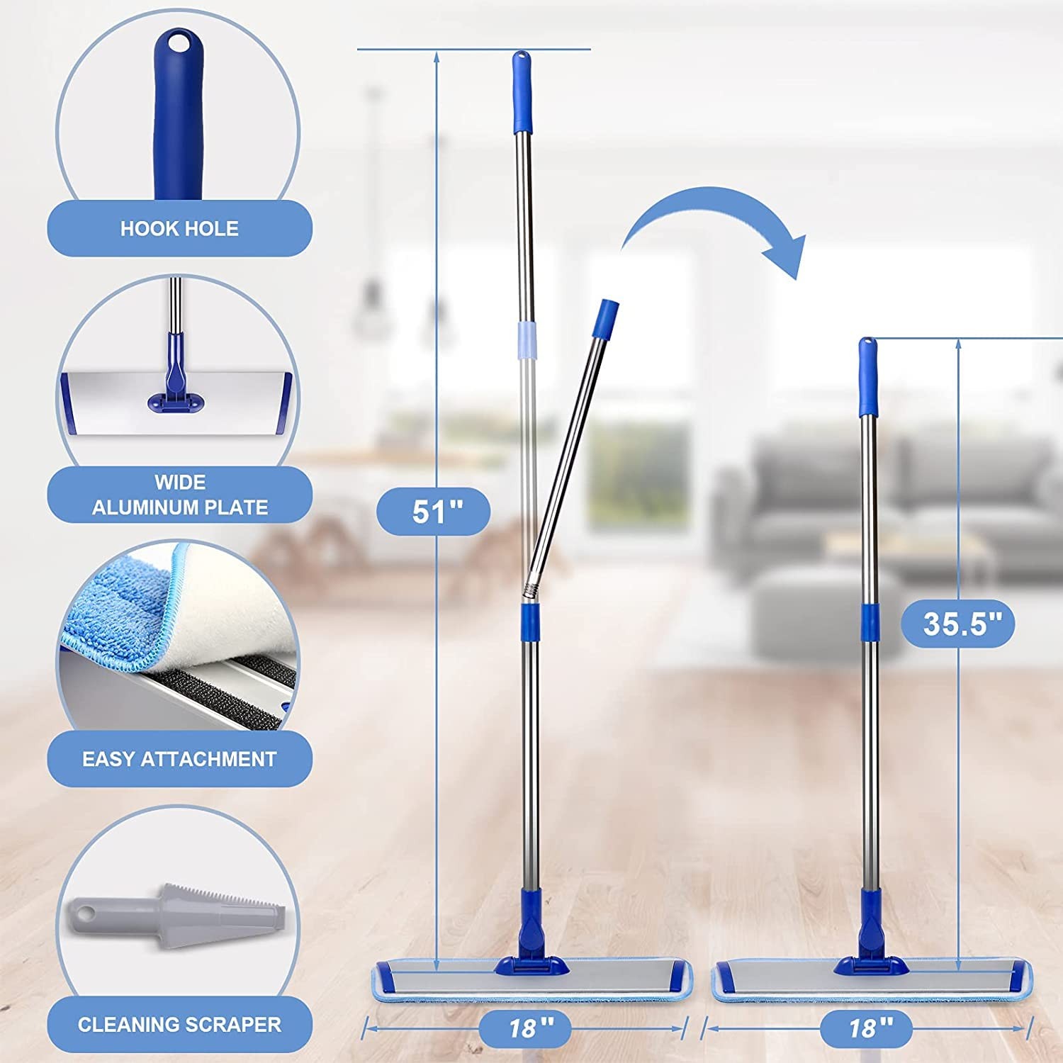 18" Professional Microfiber Mop Floor Cleaning mop, Flat Mop with Stainless S...