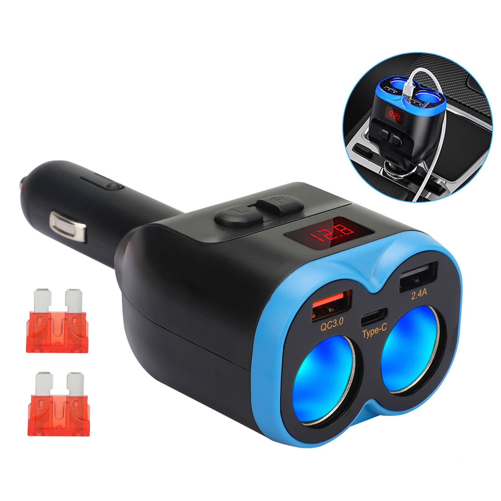 12V Dual USB Charger Power Adapter Car LCD Cigarette Lighter Socket Splitter