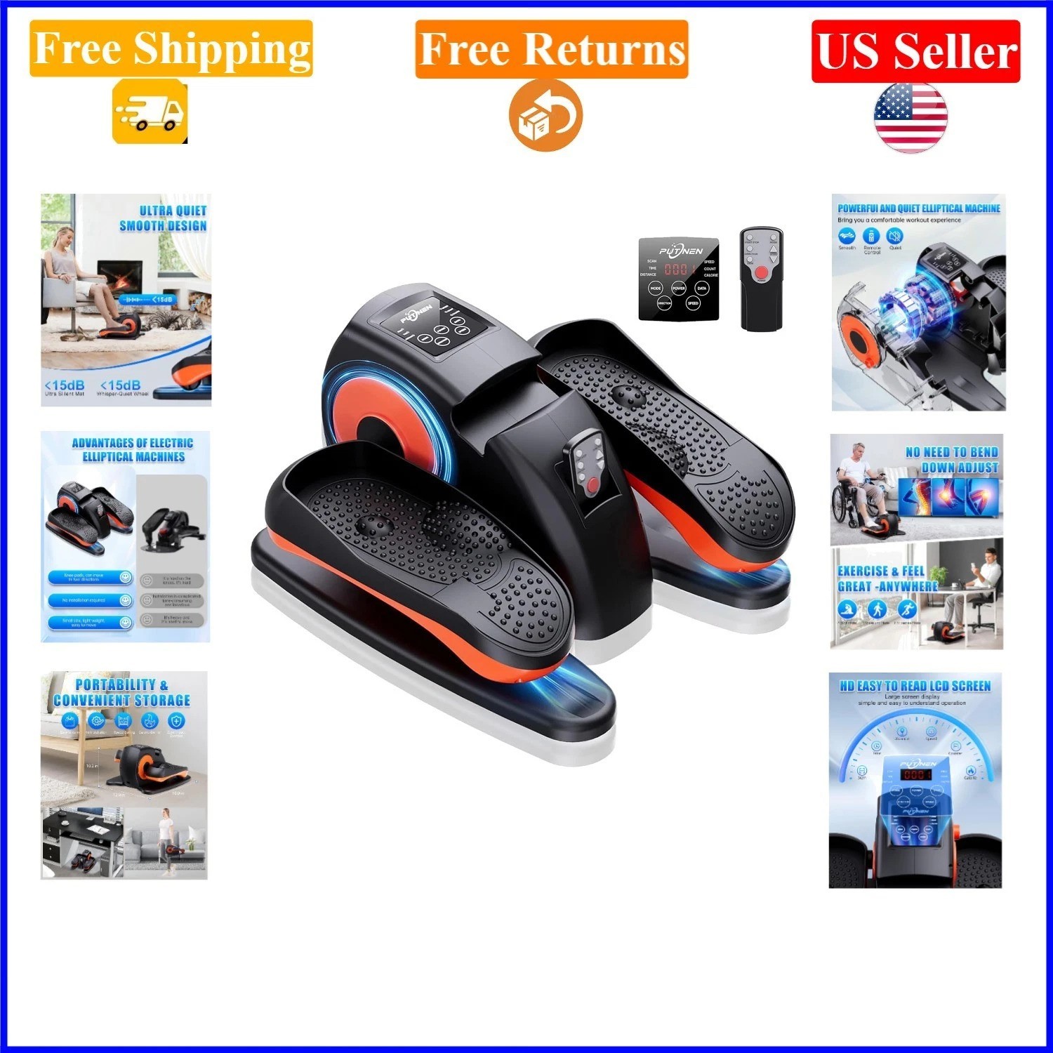 Orange Under Desk Elliptical Machine with Remote, LCD, 12 Resistance Levels
