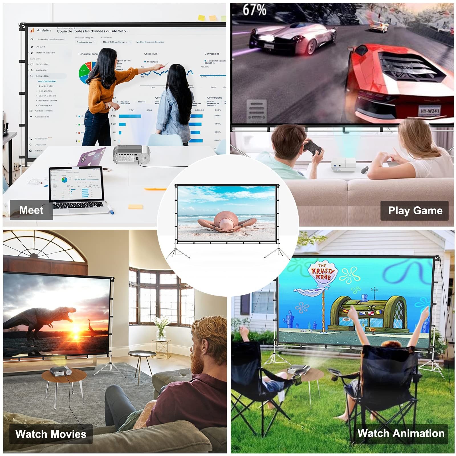Projector Screen with Stand, 100 inch Portable Foldable Projection Screen wit...