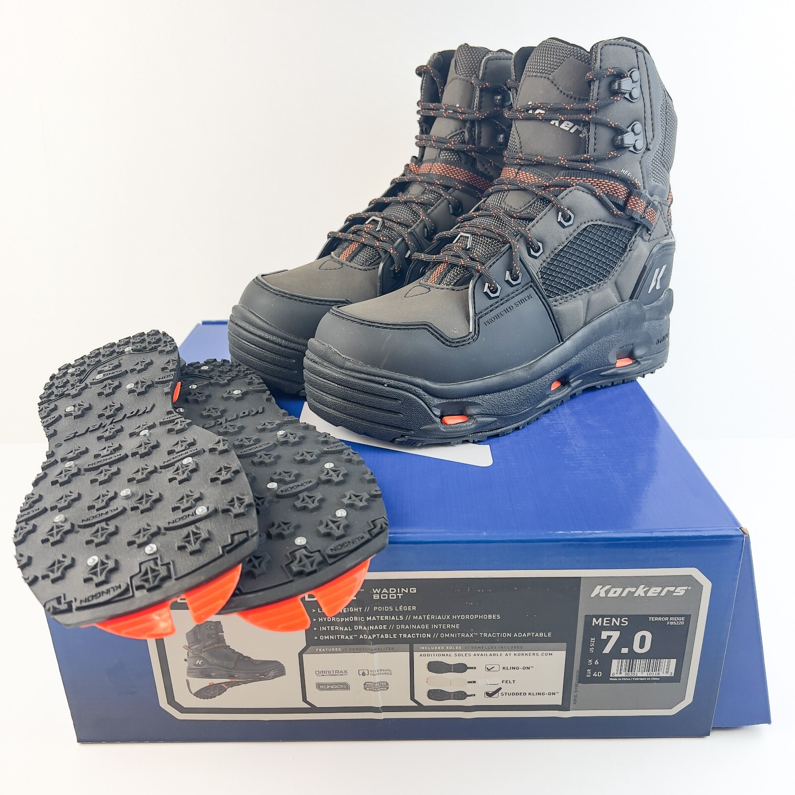 Korkers Terror Ridge Wading Boots Mens Size 7 - with Kling-On & Studded Kling-On