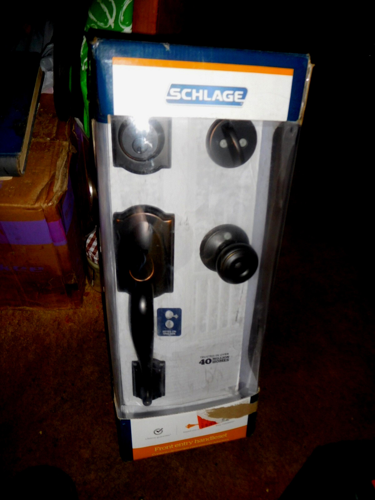 NEW Schlage F60 V Cam 716 GEO Camelot Aged Bronze Deadbolt Keyed Door Handle Set