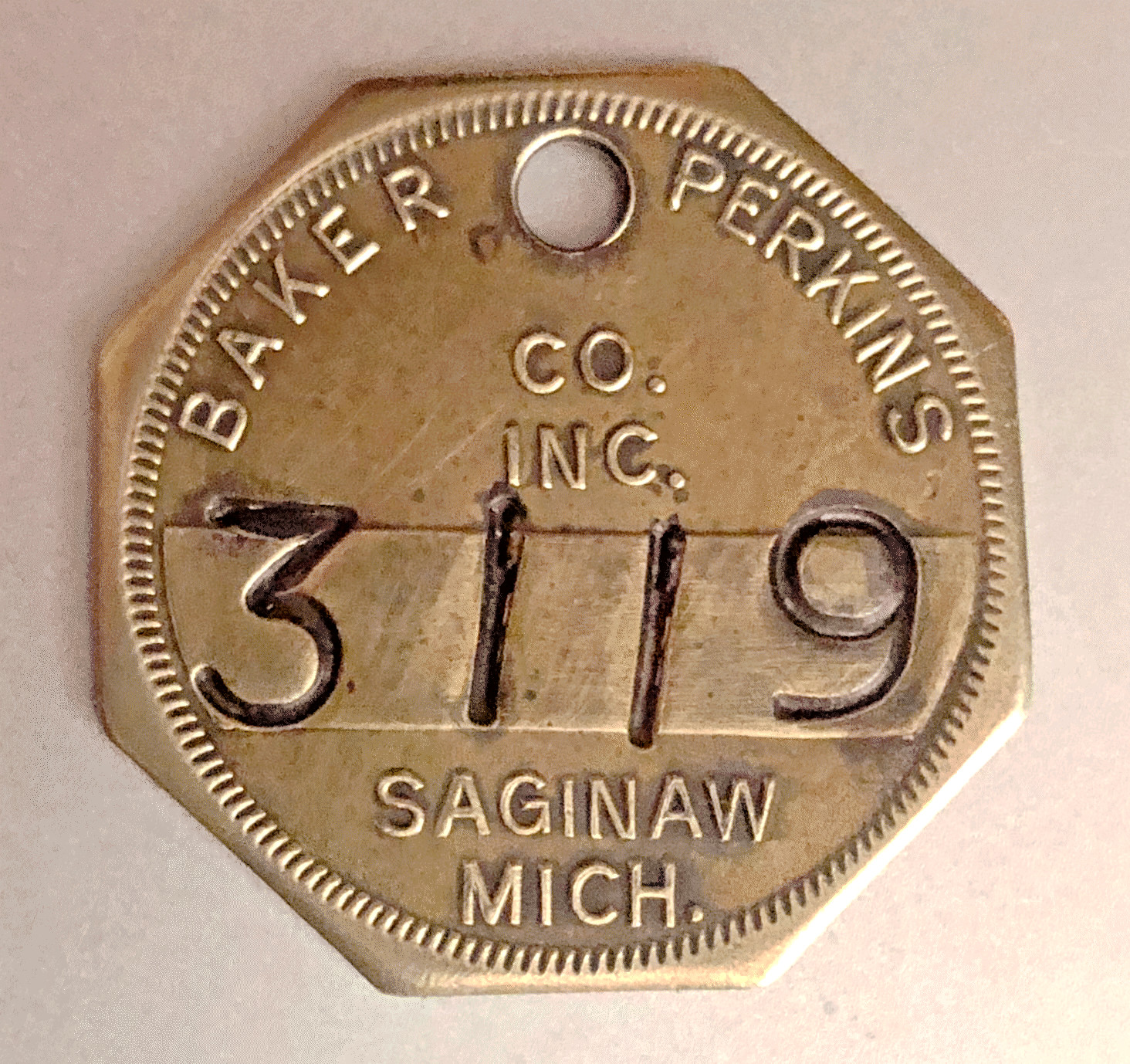 VTG Tool Check Brass Tag: BAKER PERKINS CO; Saginaw MI Food Processing Equipment