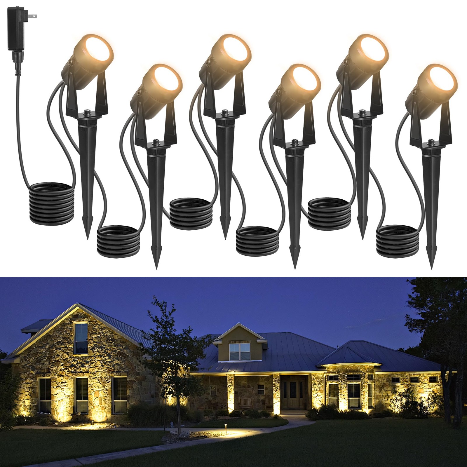 Outdoor Landscape lighting Low Voltage, 65.6FT Wired LED Spot 6-Light, Black