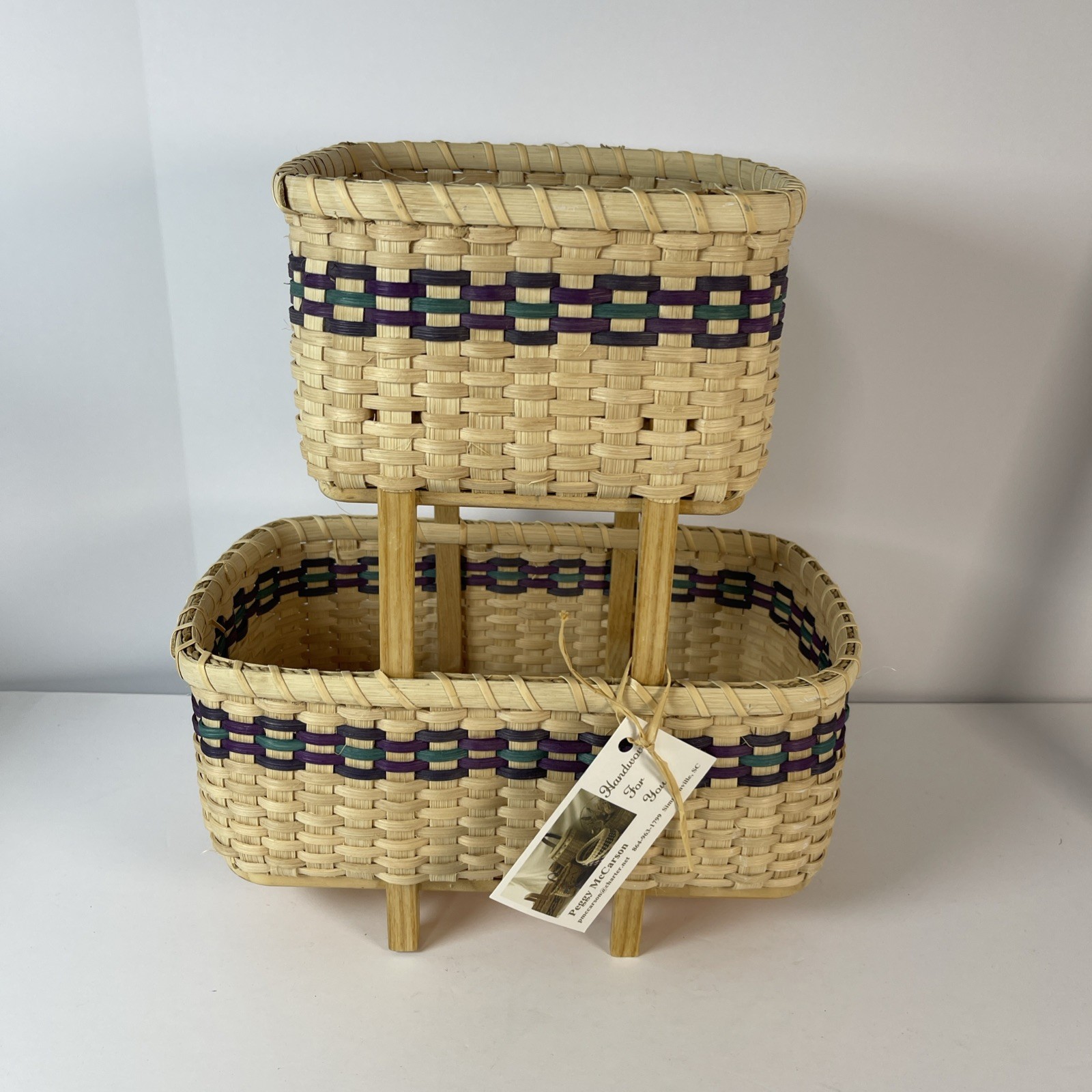 Hand Woven, Two Tier Basket with wood bottom. Made in USA By Peggy McCarson