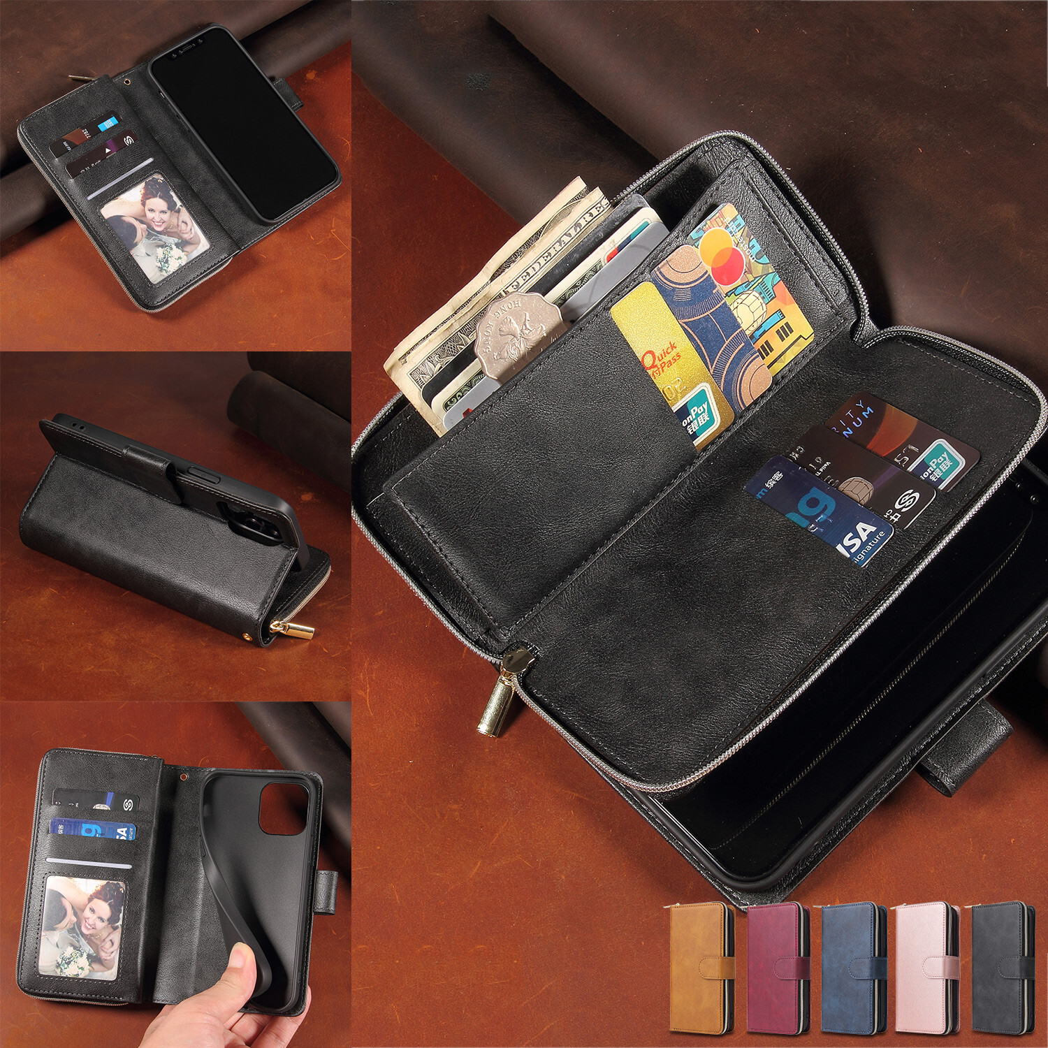 For iPhone 16 Pro Max 15 14 13 12 11 XR XS Zipper Wallet Card Leather Case Cover