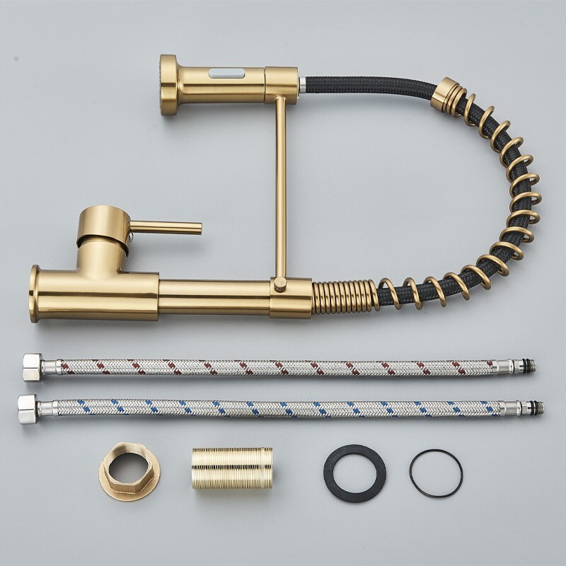 Brushed Gold Kitchen Faucet with Pull Down Sprayer Single Handle Spring Faucet