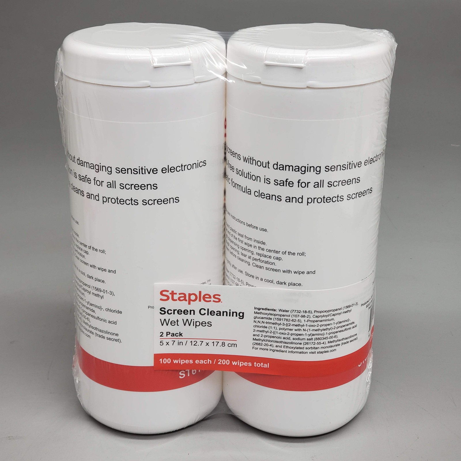 ZA@ STAPLES (2 Pack) Screen Cleaning Wet Wipes 100ct 5x7" ST61848 Non-Abrasive