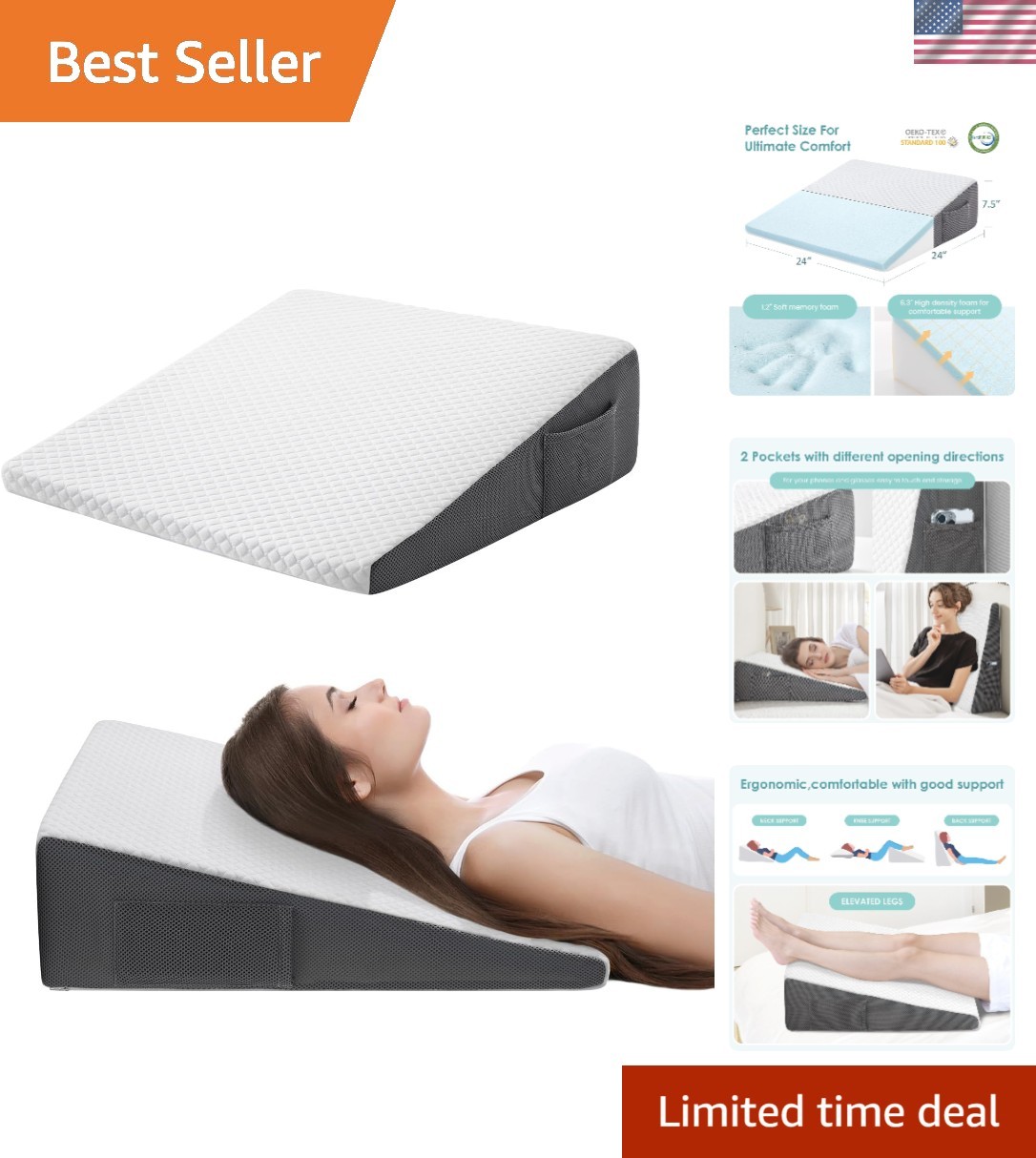 7.5-inch Bed Wedge Pillow for Sleeping Back Support Pain Relief | Cooling Mem...