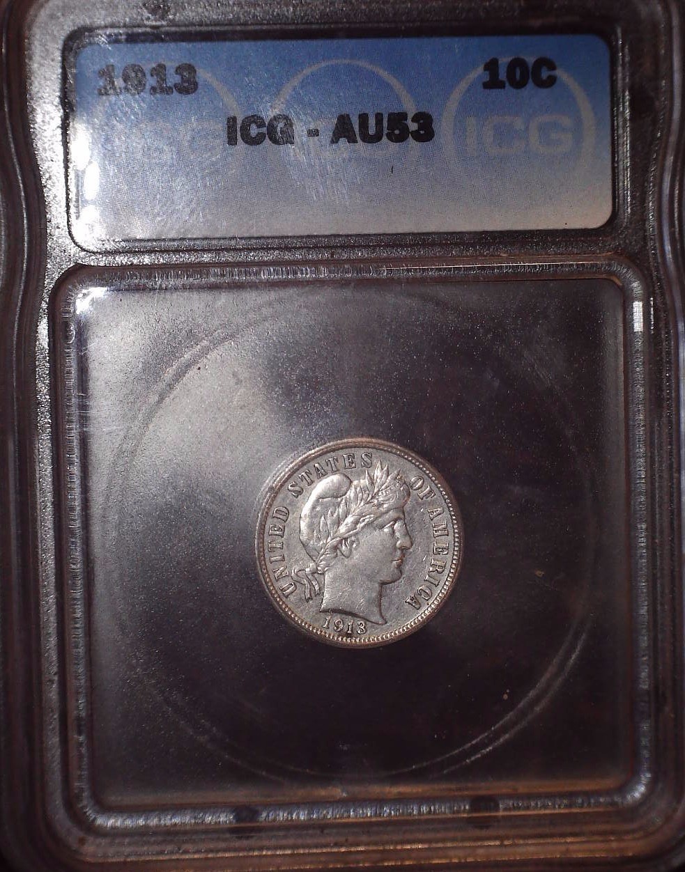 1913 Barber Dime, ICG  AU53, Issue Free