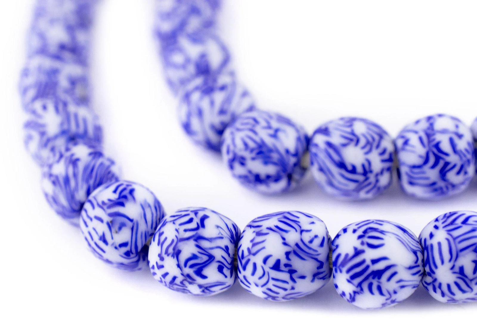 Blue & White Fused Recycled Glass Beads 11mm Ghana African Round Large Hole