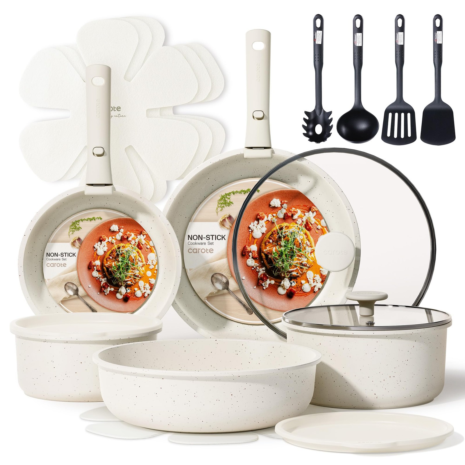 CAROTE 19pcs Pots and Pans Set, Nonstick Cookware Set 19 Piece, Cream White