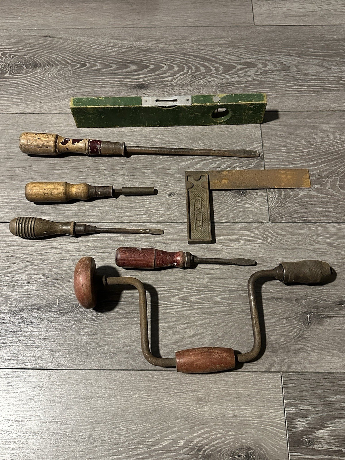 Antique Vintage Carpenters Tools Stanley Square Level Brace Screwdrivers