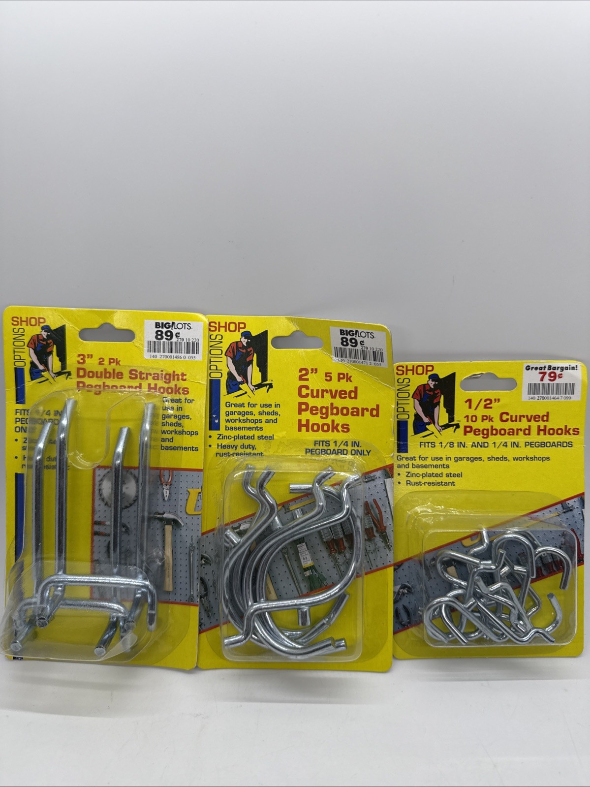 Pegboard Hooks, New (2”-5 Pk Curved, 3”-2 Pk Straight, 10”-10 Curved)