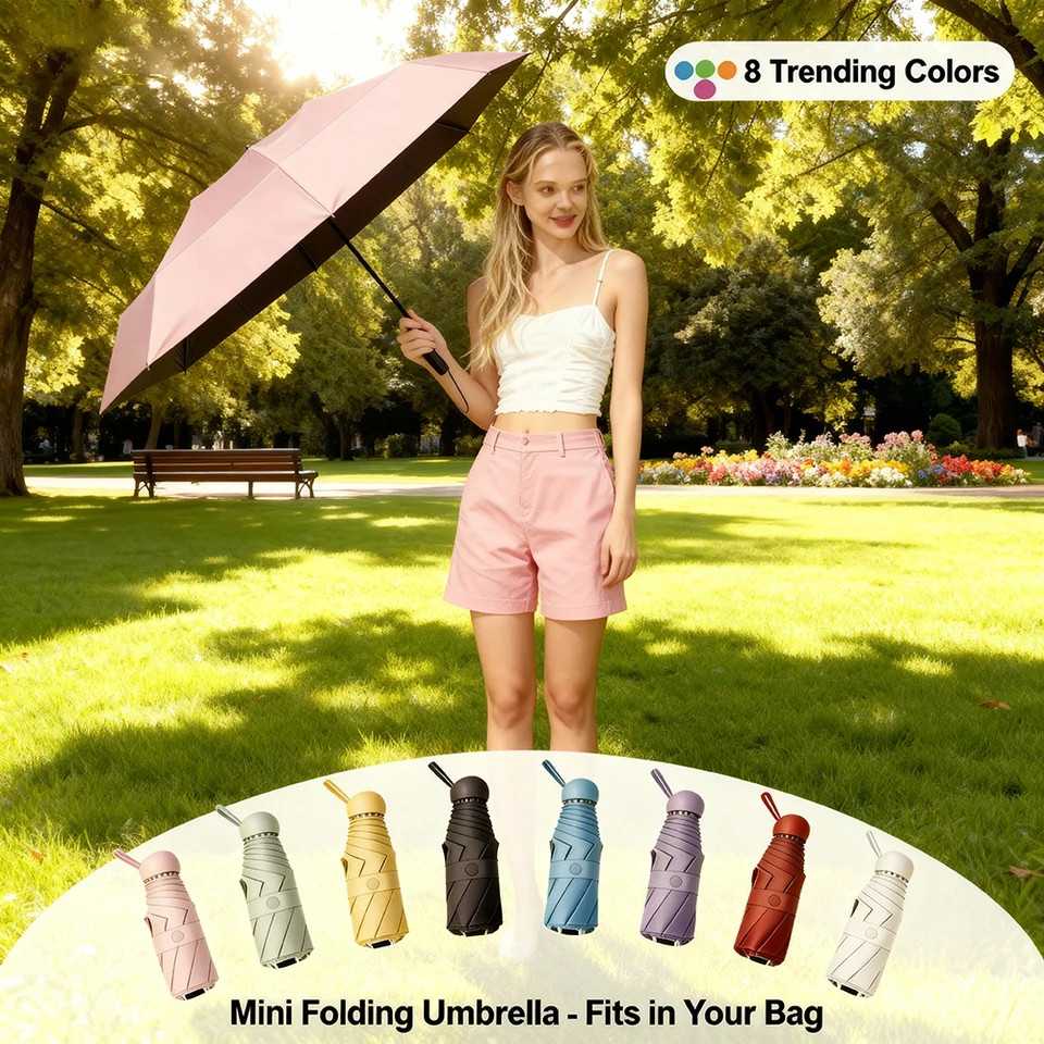 Folding Mini Umbrella Compact UV Protection Sun Rain Portable Storage Case