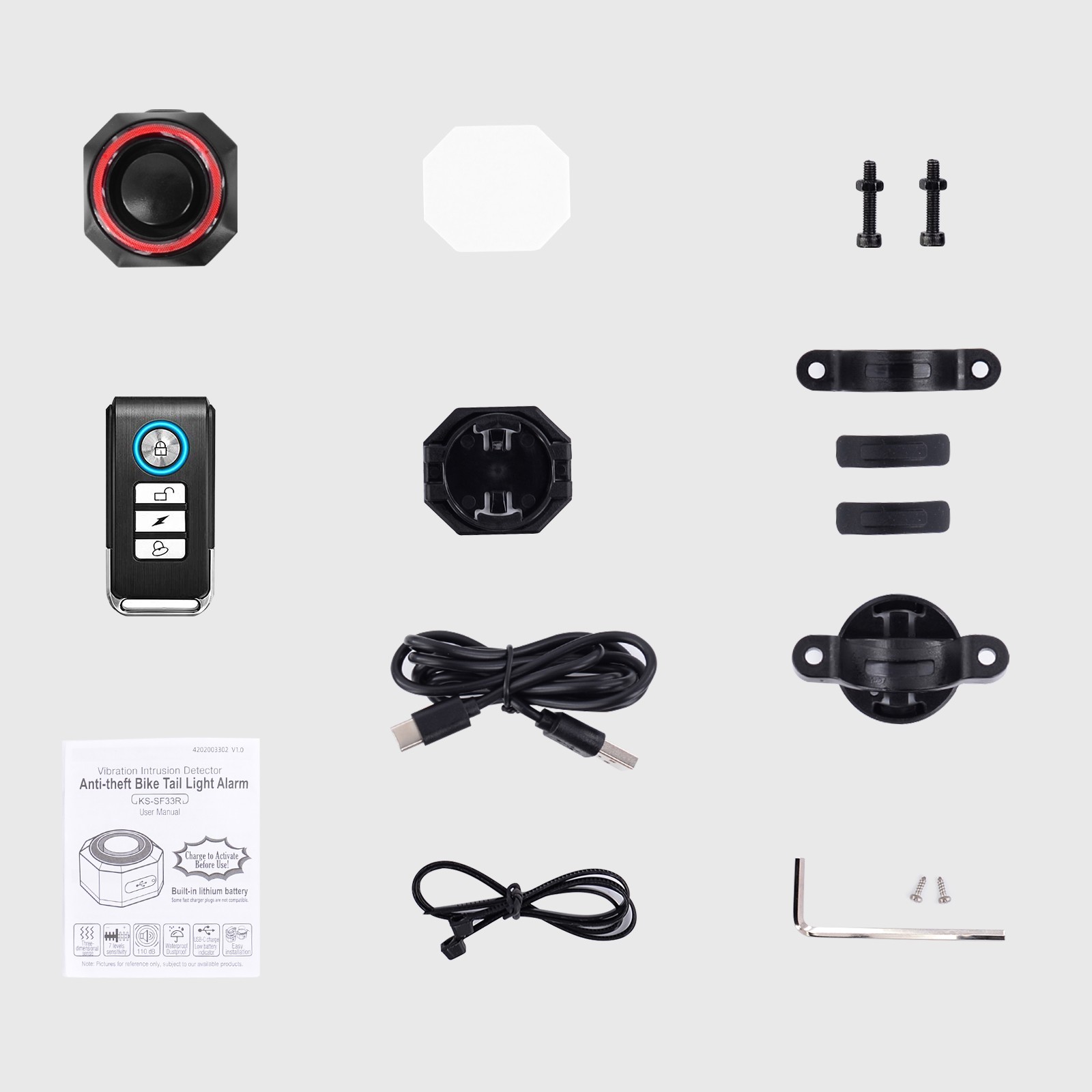 Black Horn Rear Light Alarm Sensitivity Adjustable Search Bike Ringing Function