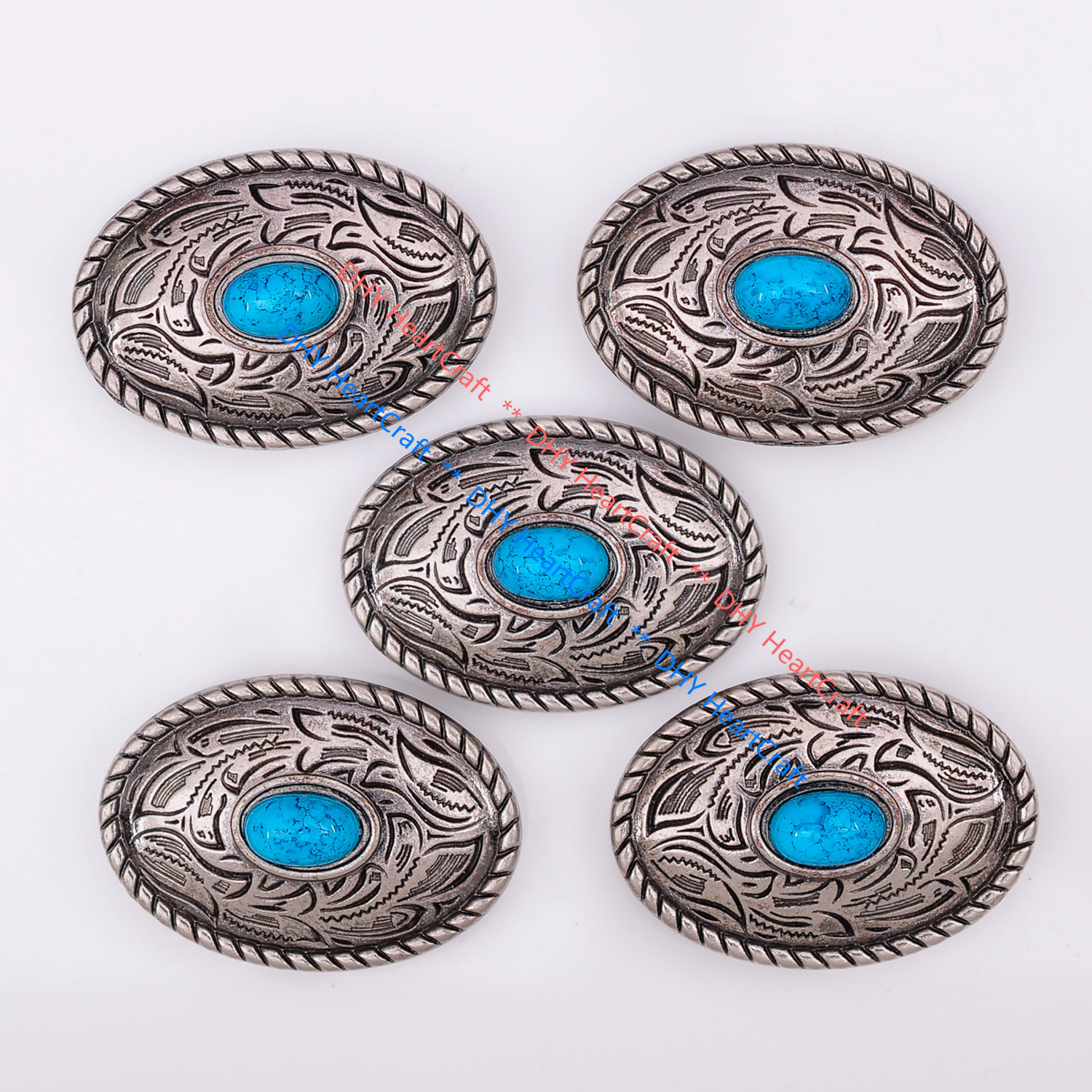 10X Antique Silver Turquoise Horse Saddles Leathercraft Bag Floral Oval Conchos