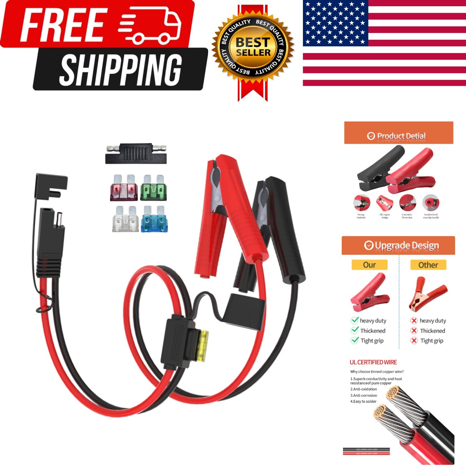 2FT 10AWG SAE to Alligator Clips Cable, Weatherproof, for Solar Cells, Small Aut
