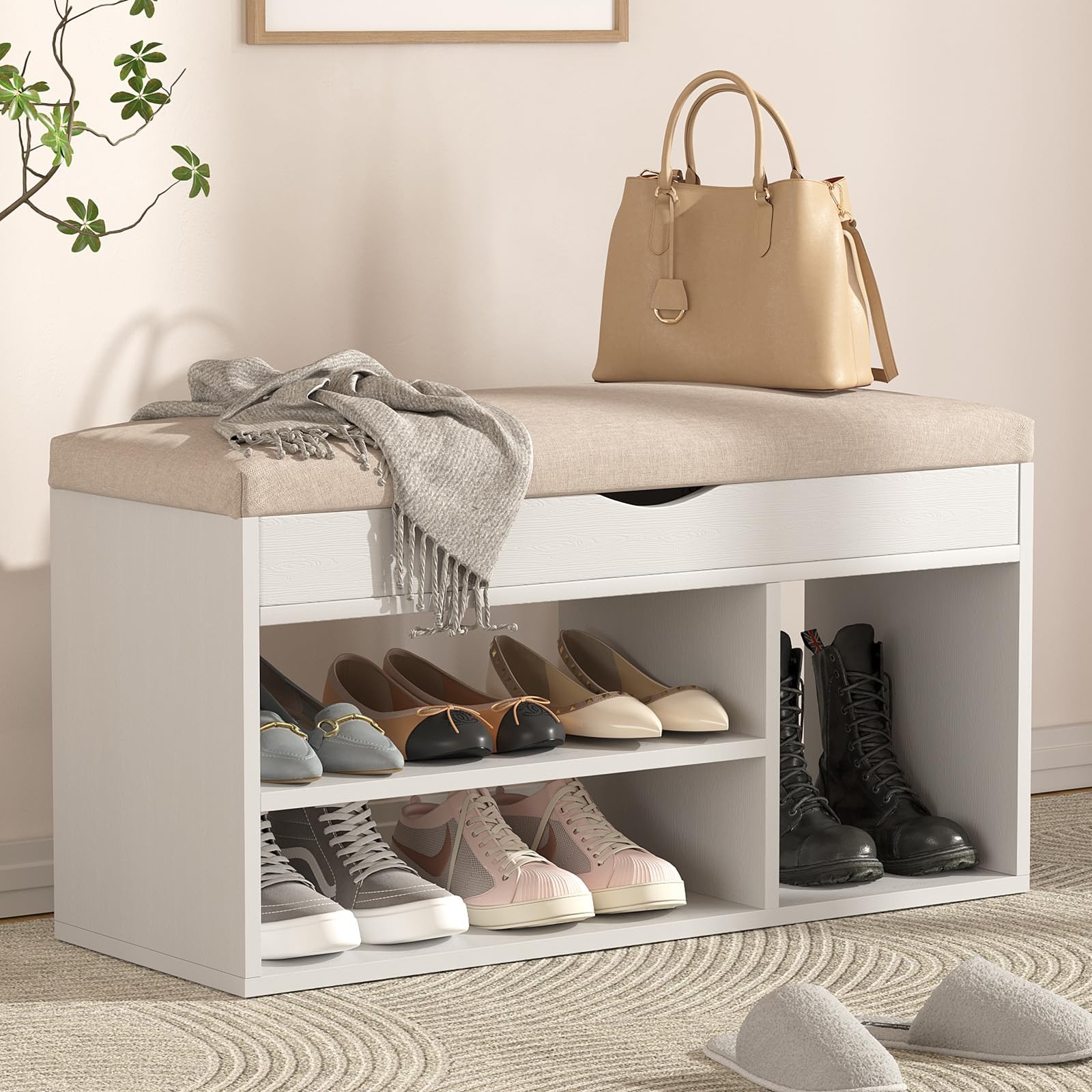 Apicizon 31 Inches Storage Bench with Padded Cushion, Shoe 31 Inch, A-white