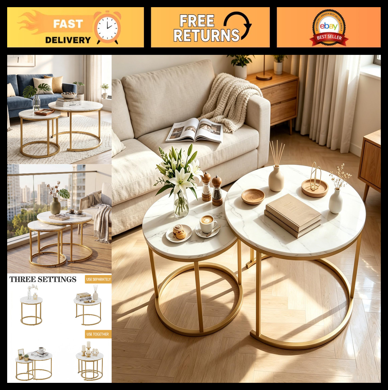 Nesting Round Coffee Table Set - Faux Marble Accent Tables with Gold Frame for L