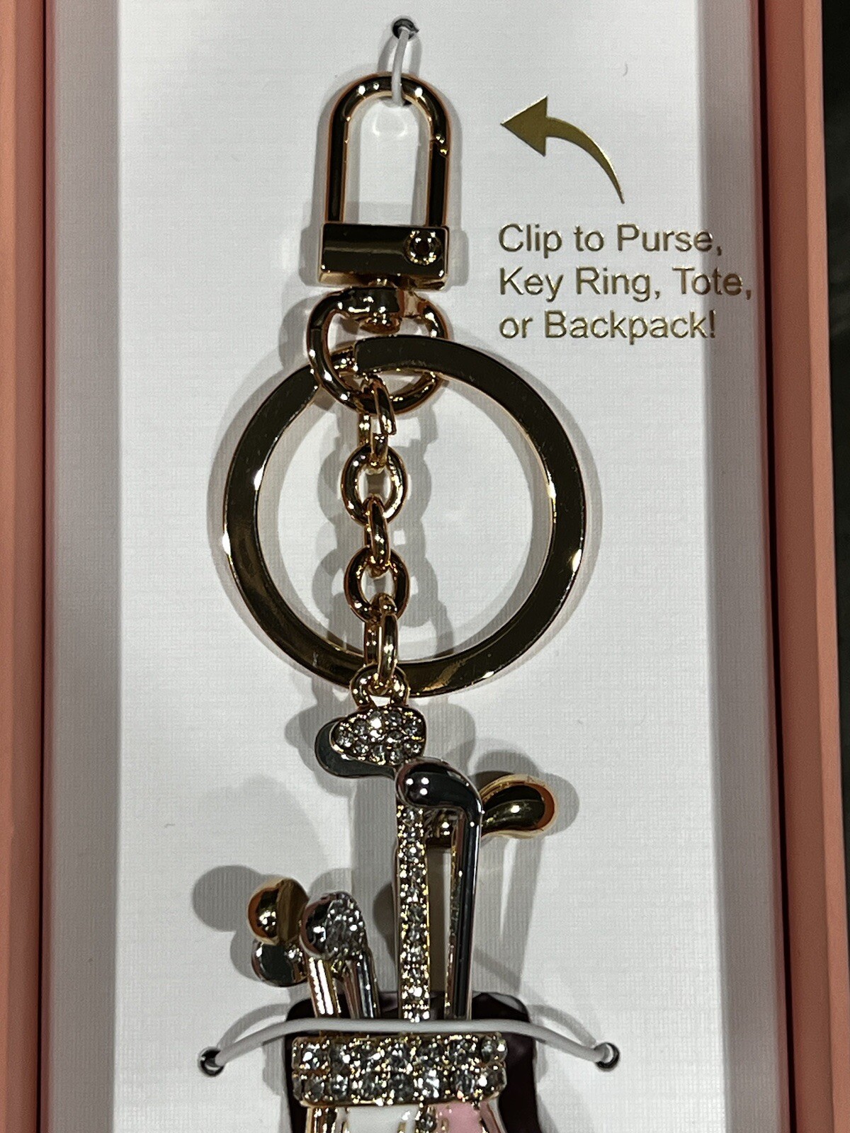 Piper-K Golf Bag Clubs Key Ring Chain Gold Tone Multi-Glass Stones Crystals New