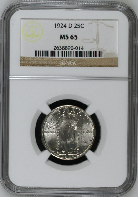 :1924-D 25C STANDING LIBERTY QUARTER GEM NGC MS65 BLAST WHITE RARE R3 HIGH GRADE