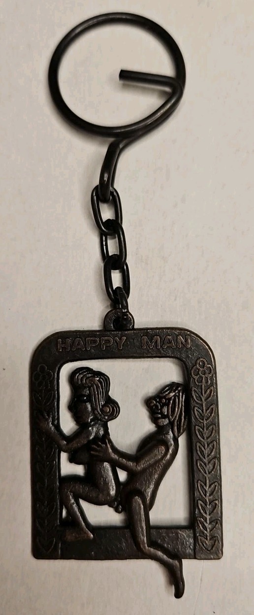 Vtg 70s Adult Happy Man XXX Risqué Naughty Keychain Mechanical Sex Moves Metal