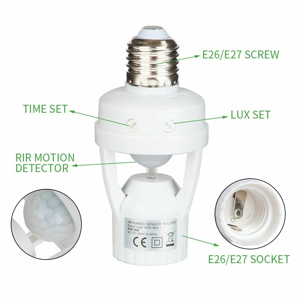 2x Motion Sensor Light Socket,E26/E27 Smart Lamp Bulb Holder Adapter Auto On/Off