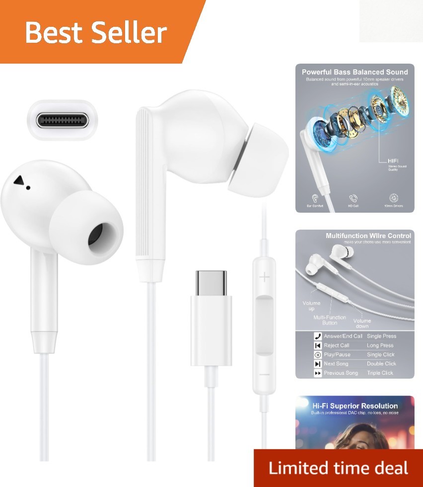 High-Fidelity USB C Earbuds with Microphone - Perfect for iPhone & Samsung