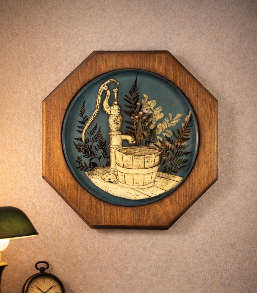 Vintage Pressed Fern Botanical Wall Art Octagon Wood Frame Rustic Decor