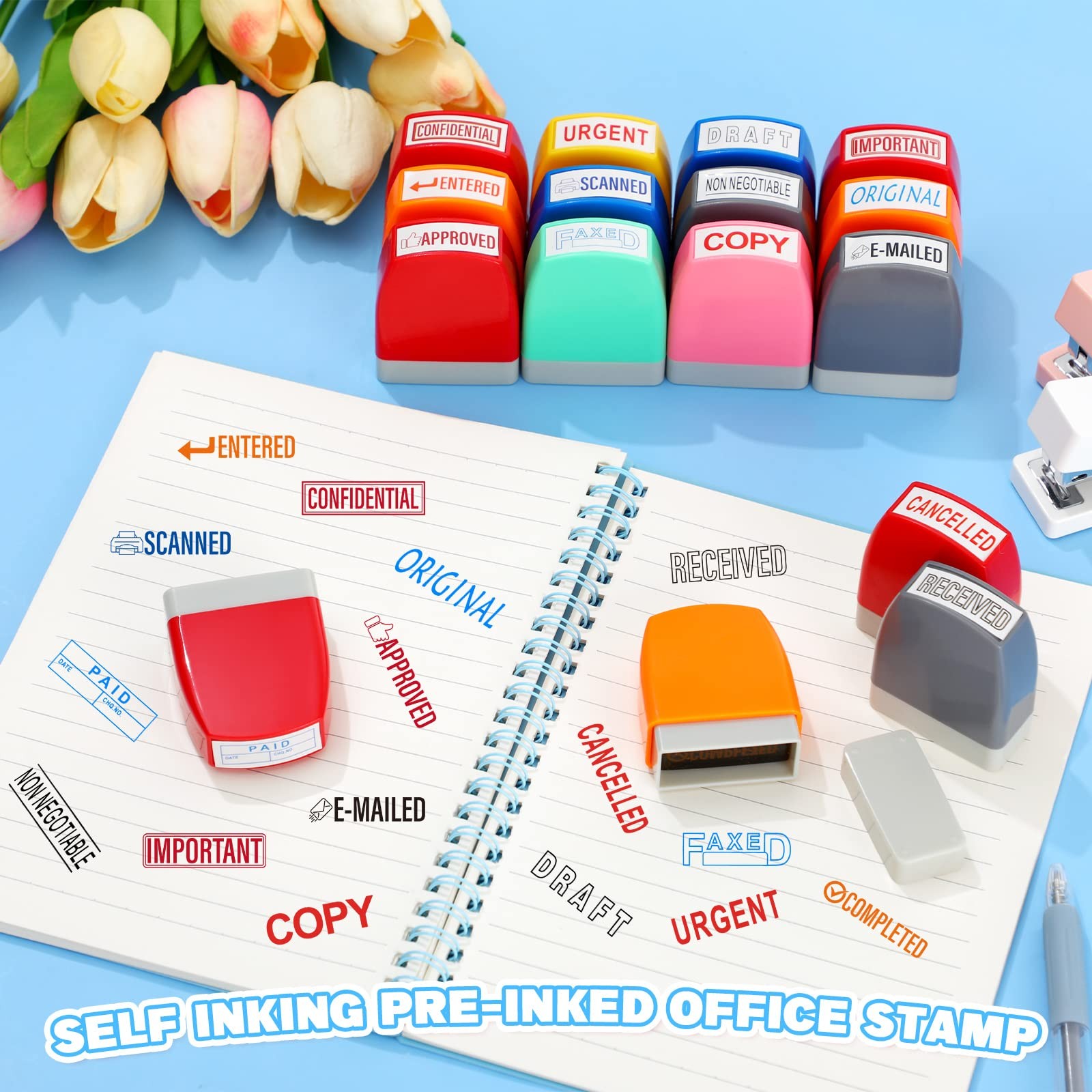 16 Pcs Office Stamp Set Message Self Inking Rubber Stamp Set for Office Stamp...