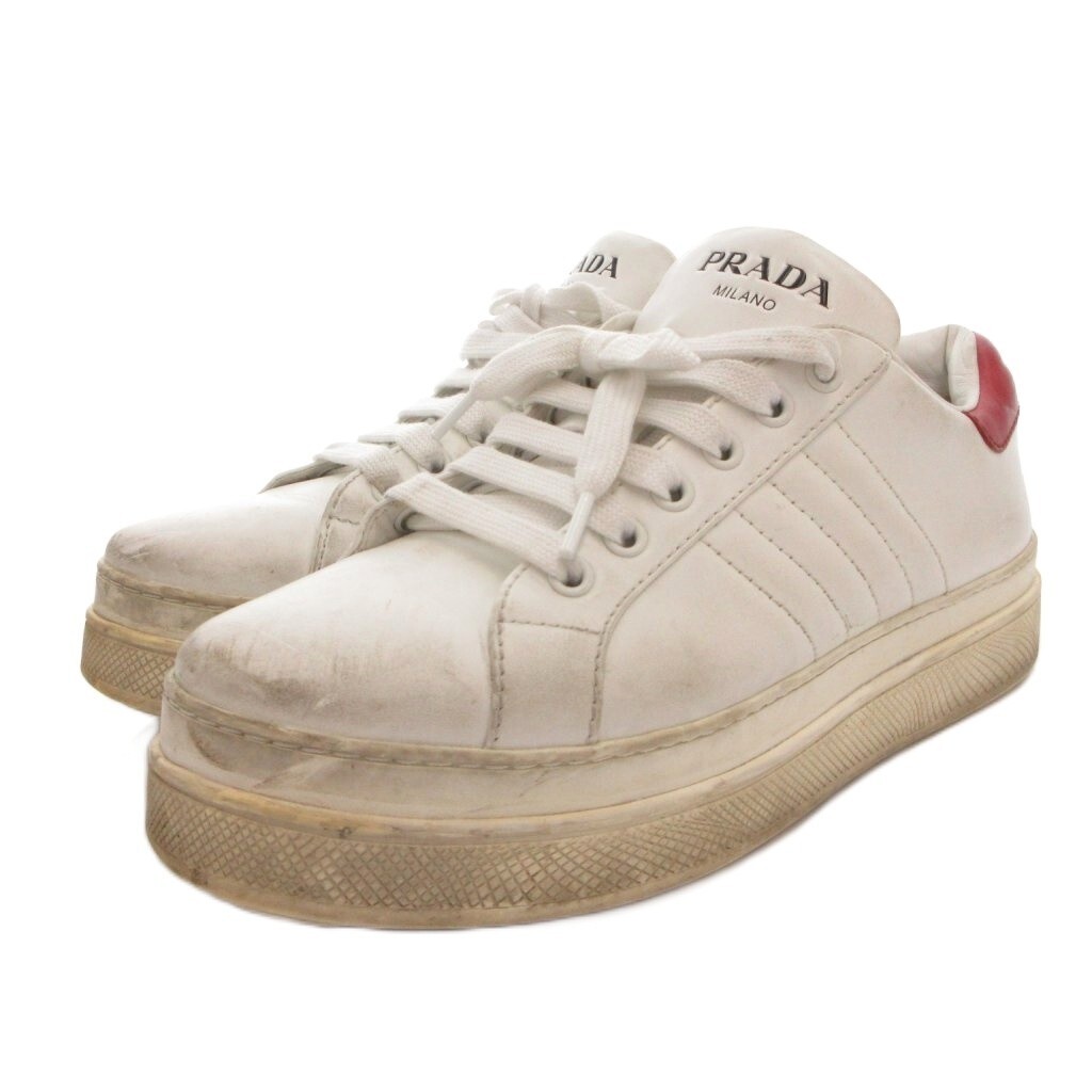 Prada Sneakers Low Cut Leather Bicolor White Red Women's Size EU37/US7