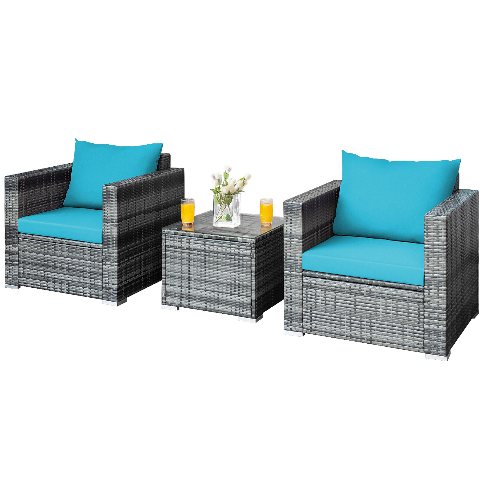Patiojoy 3PCS Patio Rattan Furniture Set Outdoor Bistro Set w/Washable Cushion