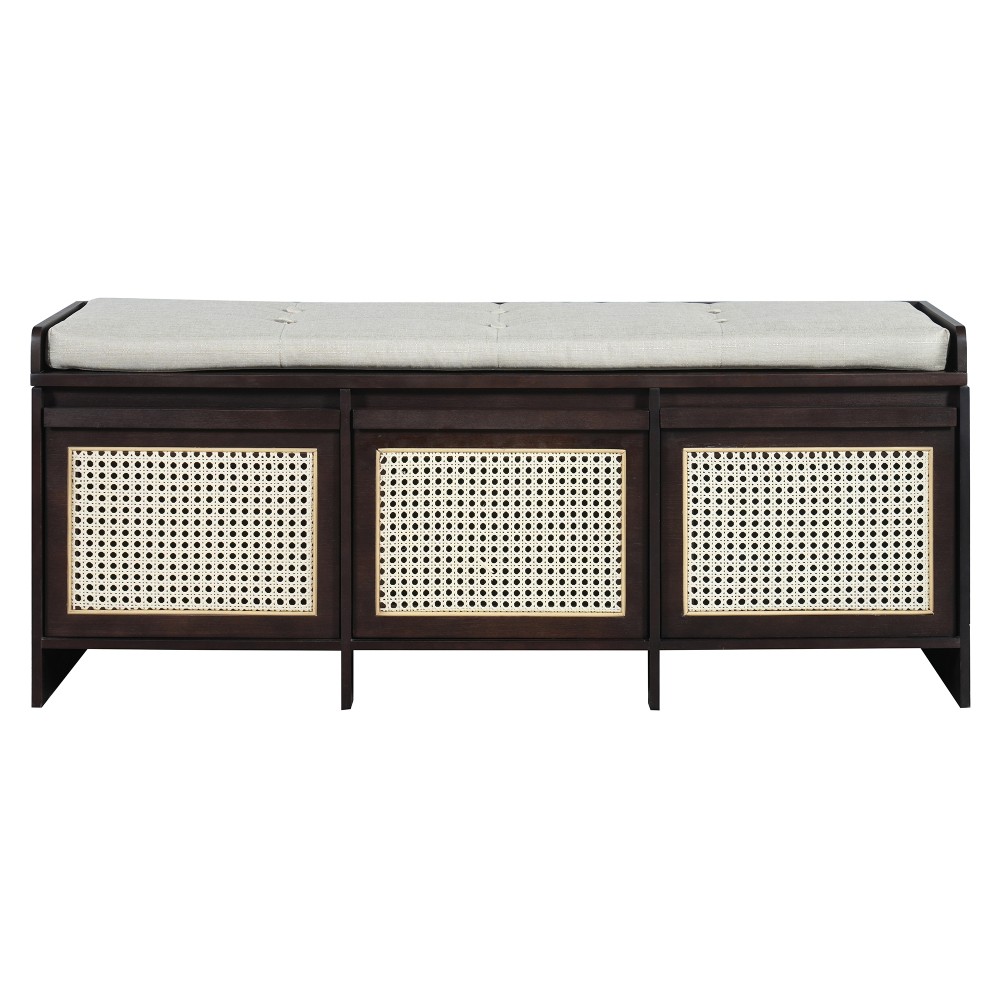Entryway Shoe Bench, Retro Storage Bench with Rattan Drawers & Removable Button