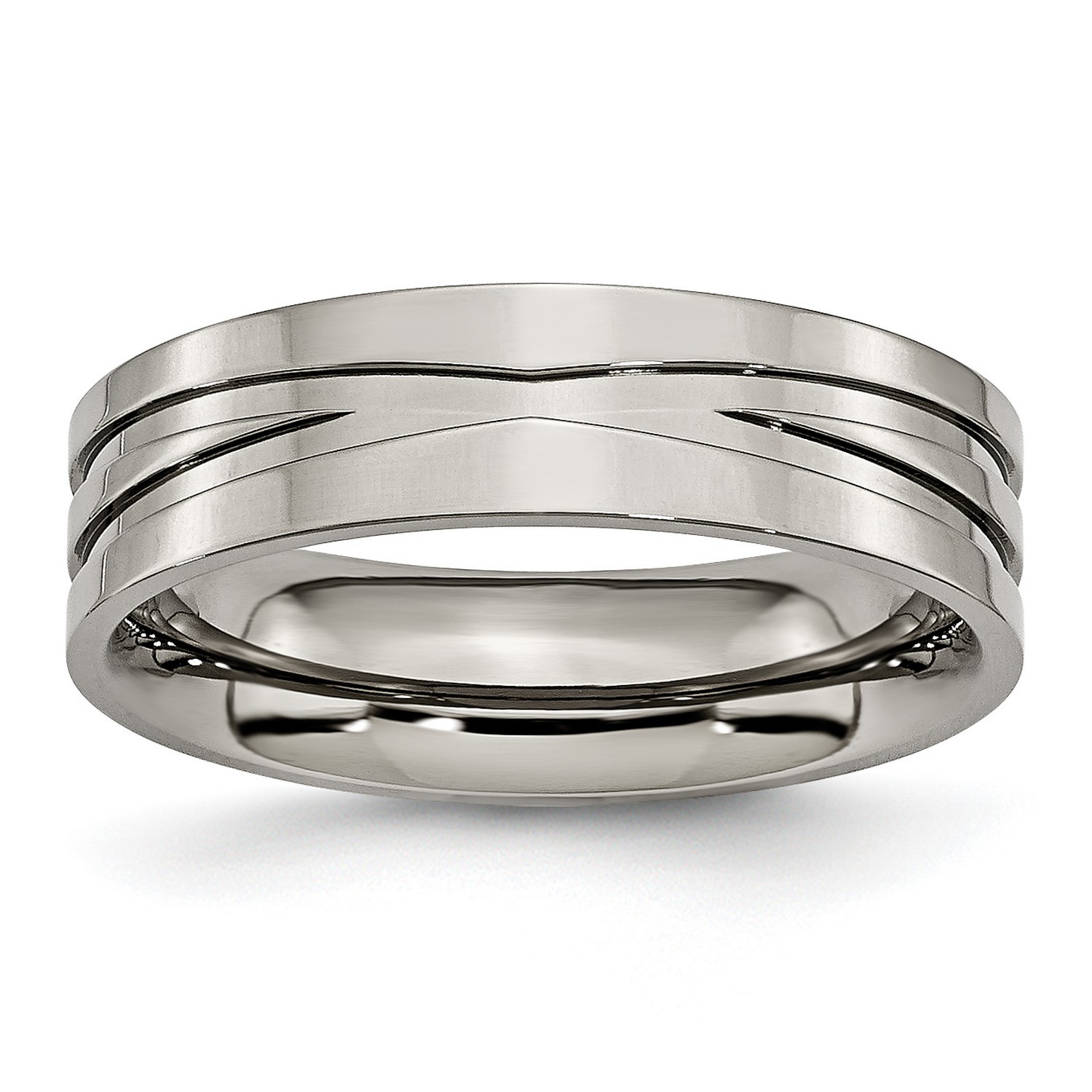 Mens 6mm Polished Titanium Fancy Grooved Wedding Band Ring