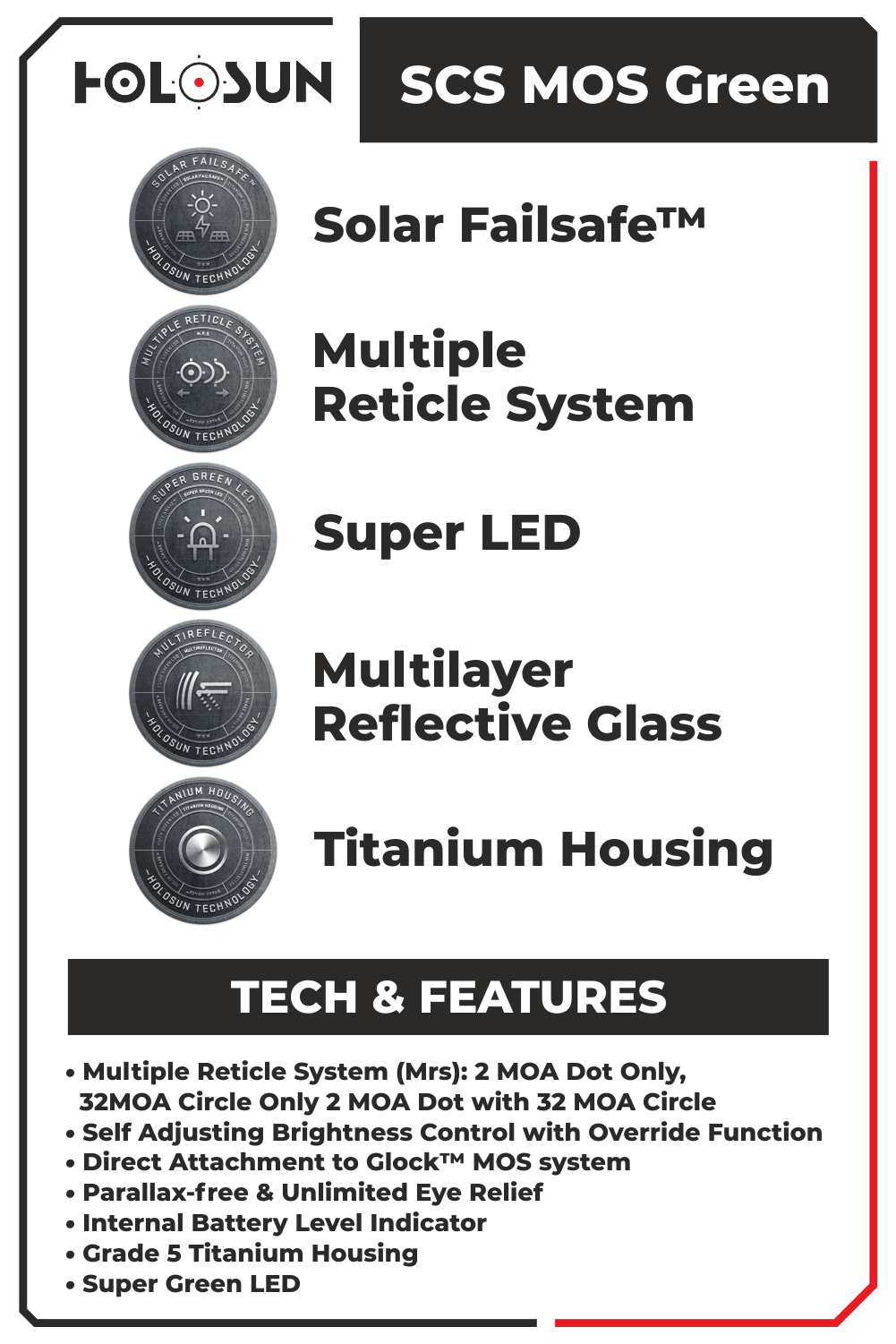 Holosun SCS-M-GR Green Multi-Reticle 2MOA & 32MOA Circle Dot Reflex Sight