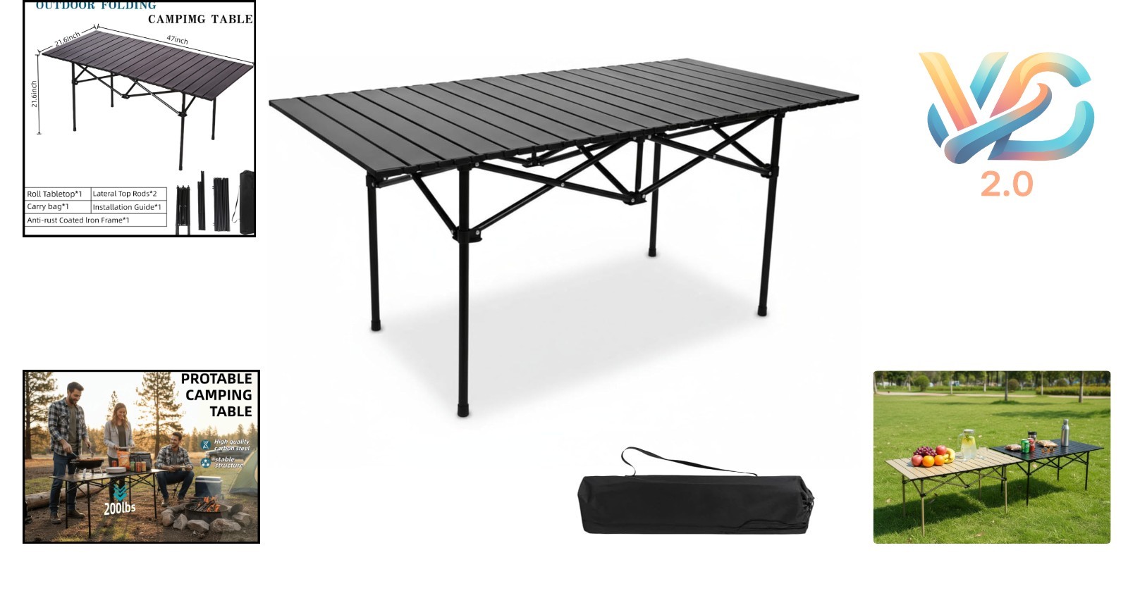 Black Portable Camping Table Foldable 47 inch Alloy Steel Stain-Resistant
