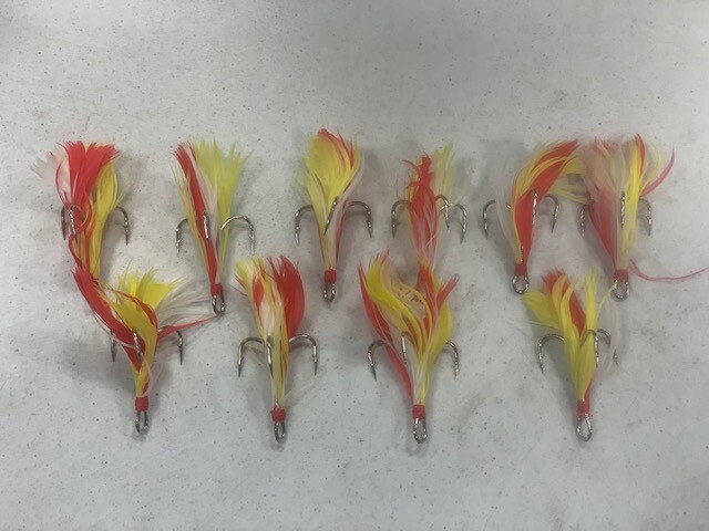 10 Dressed Treble Hooks with Yellow Hair and Red Feather  * Hook size #1/0*