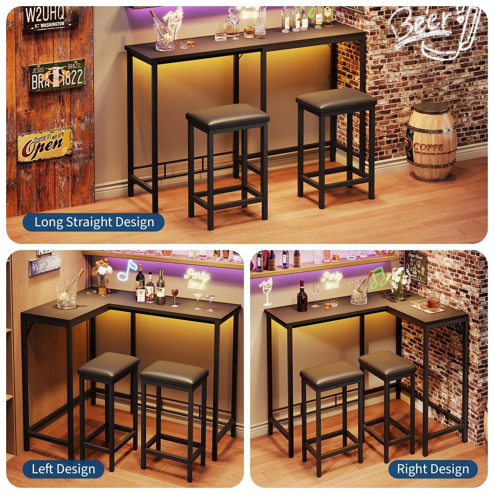 Bar Table and Chairs Set 63'' L-Shaped Bar Table with 2 Stools, Built-in Outlets