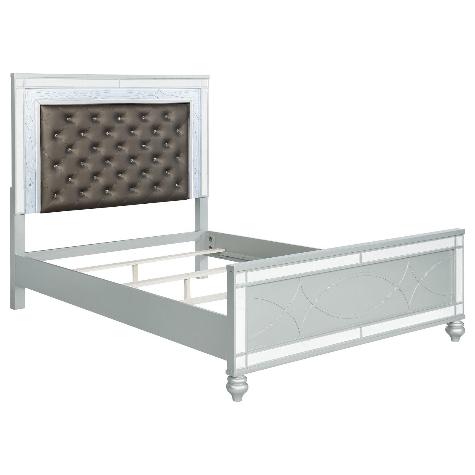 Pemberly Row Faux Leather Queen Panel Bed in Silver Metallic