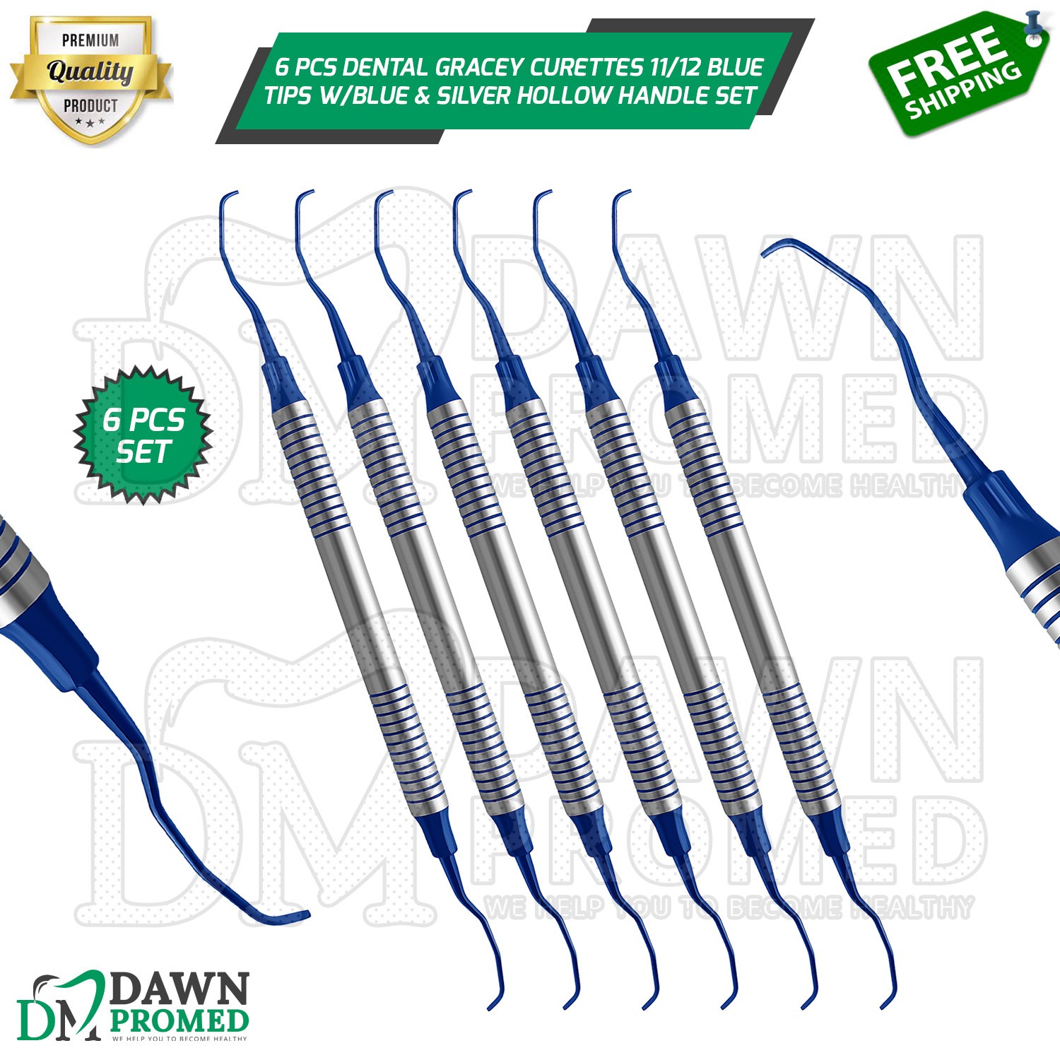 6 Pcs Dental Gracey Curettes 11/12 Blue Coated Double Ended Hollow Handle Set