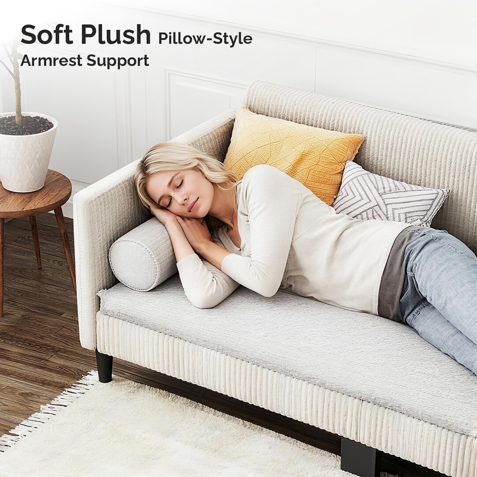 Double corduroy upholstered sofa bed with buttoned backrest and sturdy armrests,