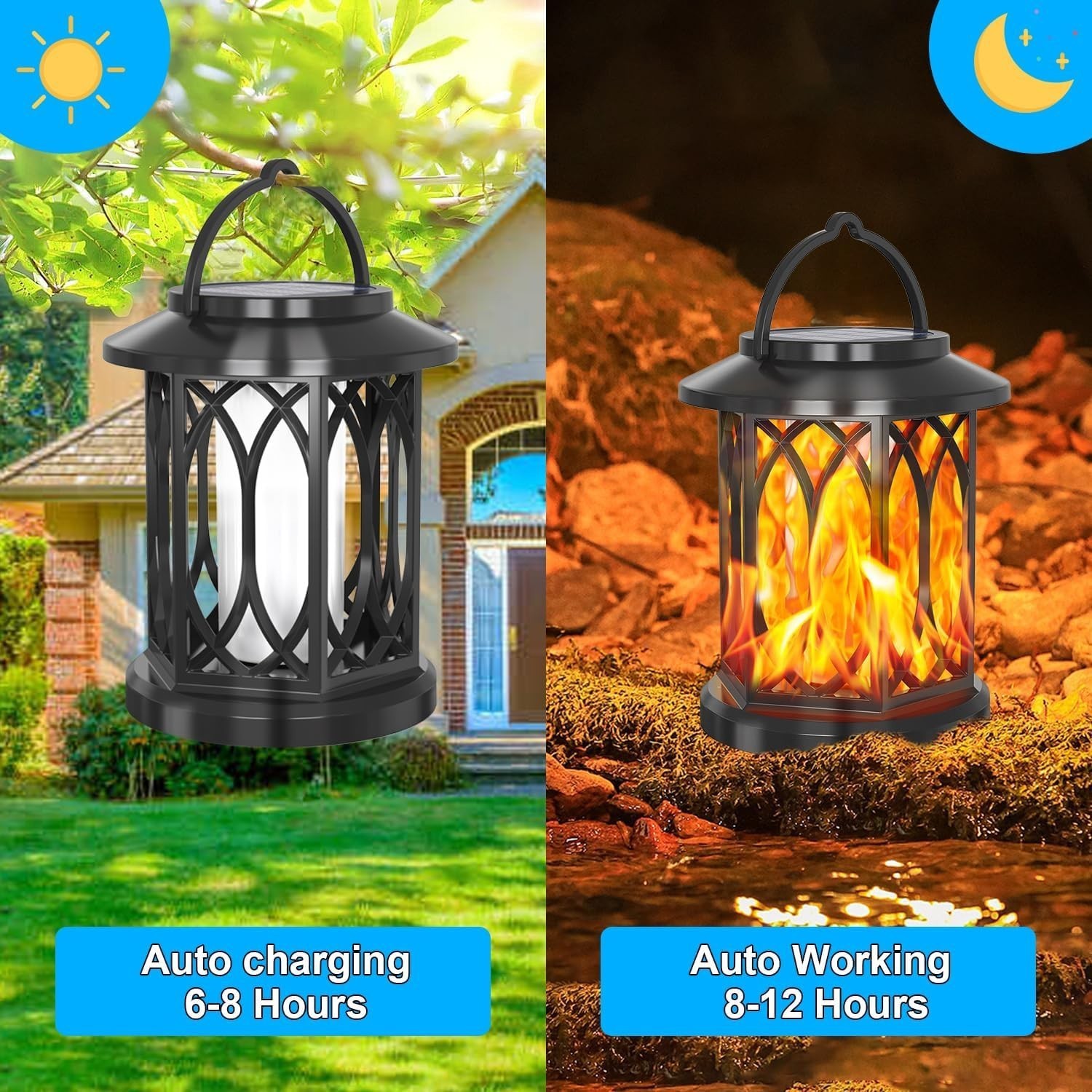 2x Solar LED Flicker Flame Lanterns Lantern , Outdoor Garden & Pathway Lights