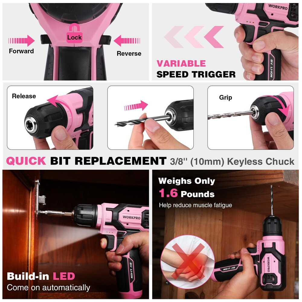 WORKPRO Cordless Drill Driver 43PCS Pink Tool Set 8V Lithium-ion Power Drill Bit