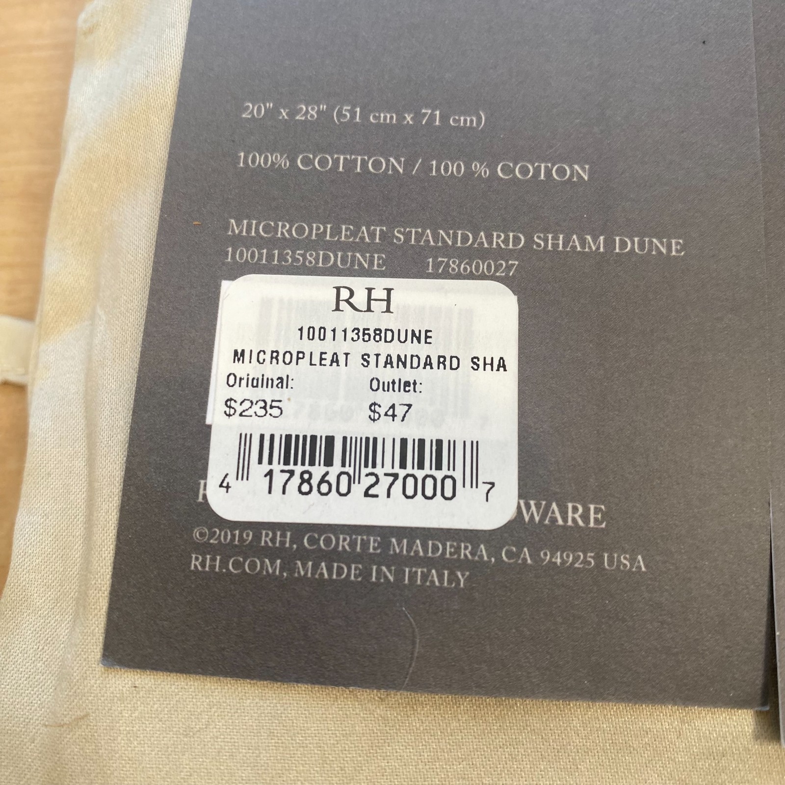 Restoration Hardwear 100% Cotton Micropleat Standard Sham Dune