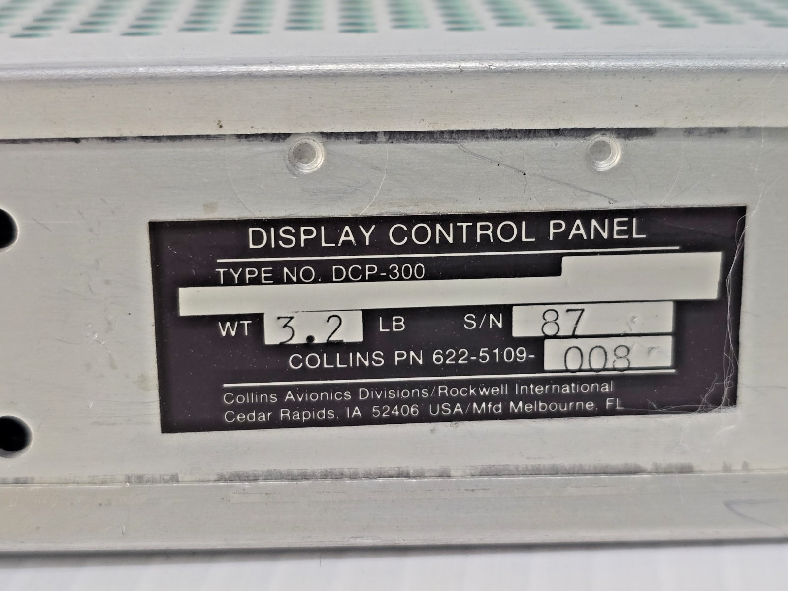 Collins DCP-300 Display Control Panel P/N 622-5109-008 - As Removed, Untested